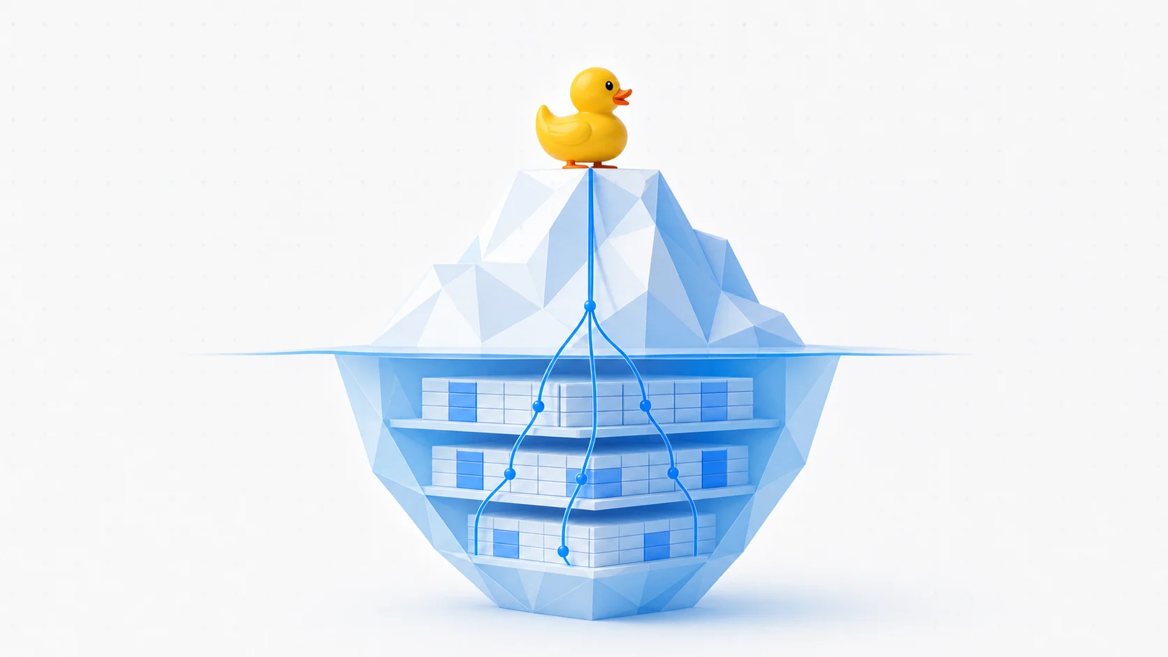 A yellow duck above the organized data layers of an iceberg
