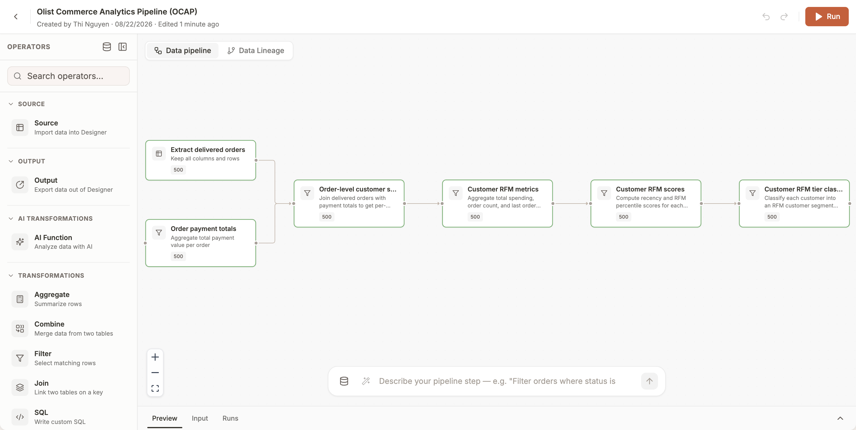 Pipeline canvas with connected DAG nodes and Agent prompt bar