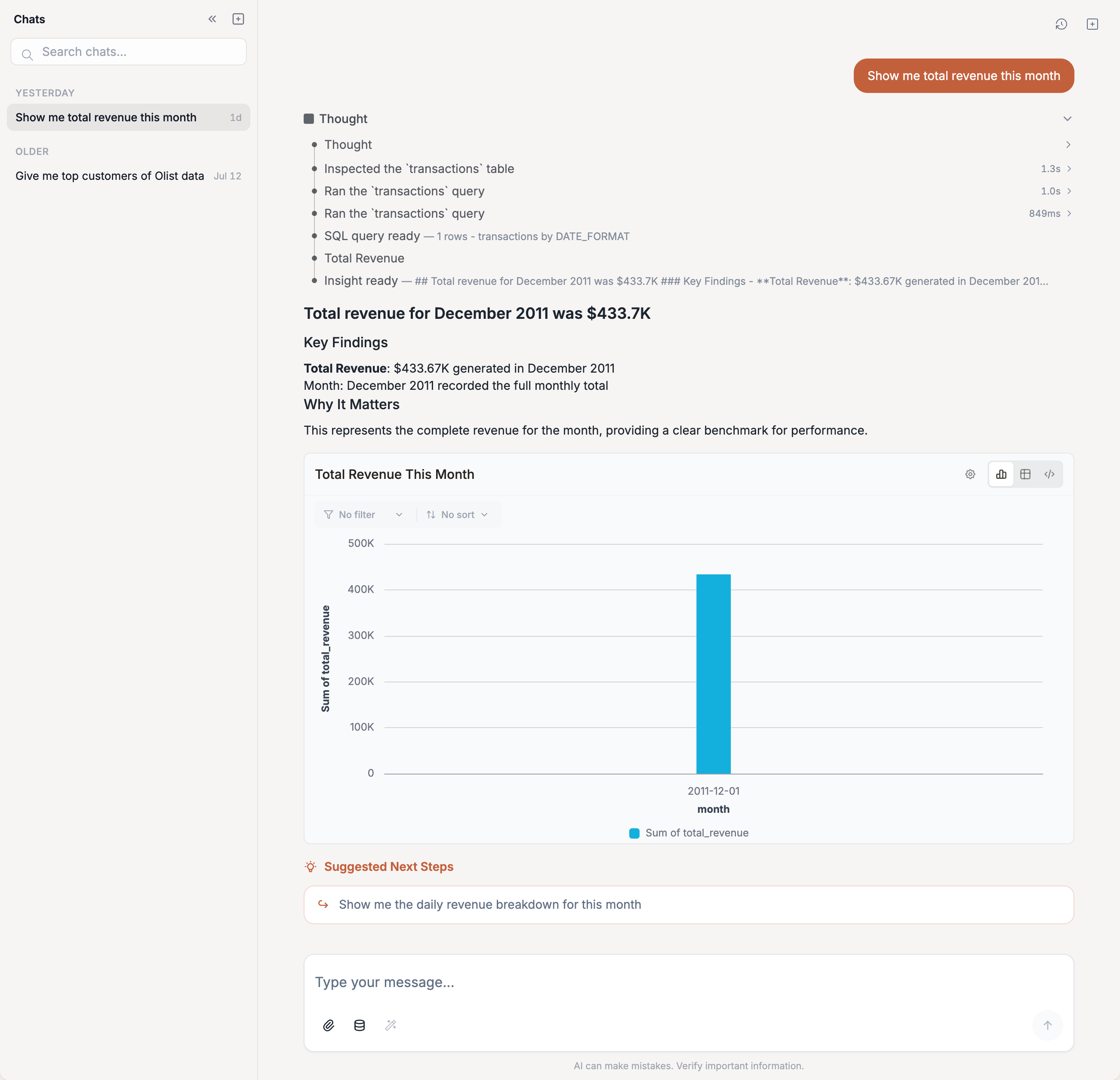 AI Agent answering a revenue question with reasoning and a chart