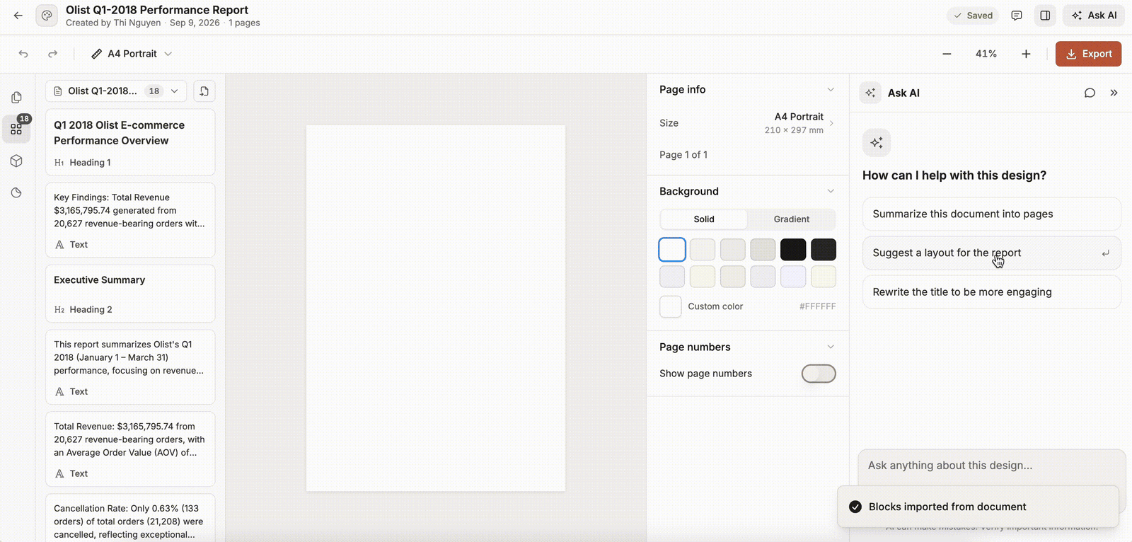 Ask AI suggesting a report layout on Design Canvas