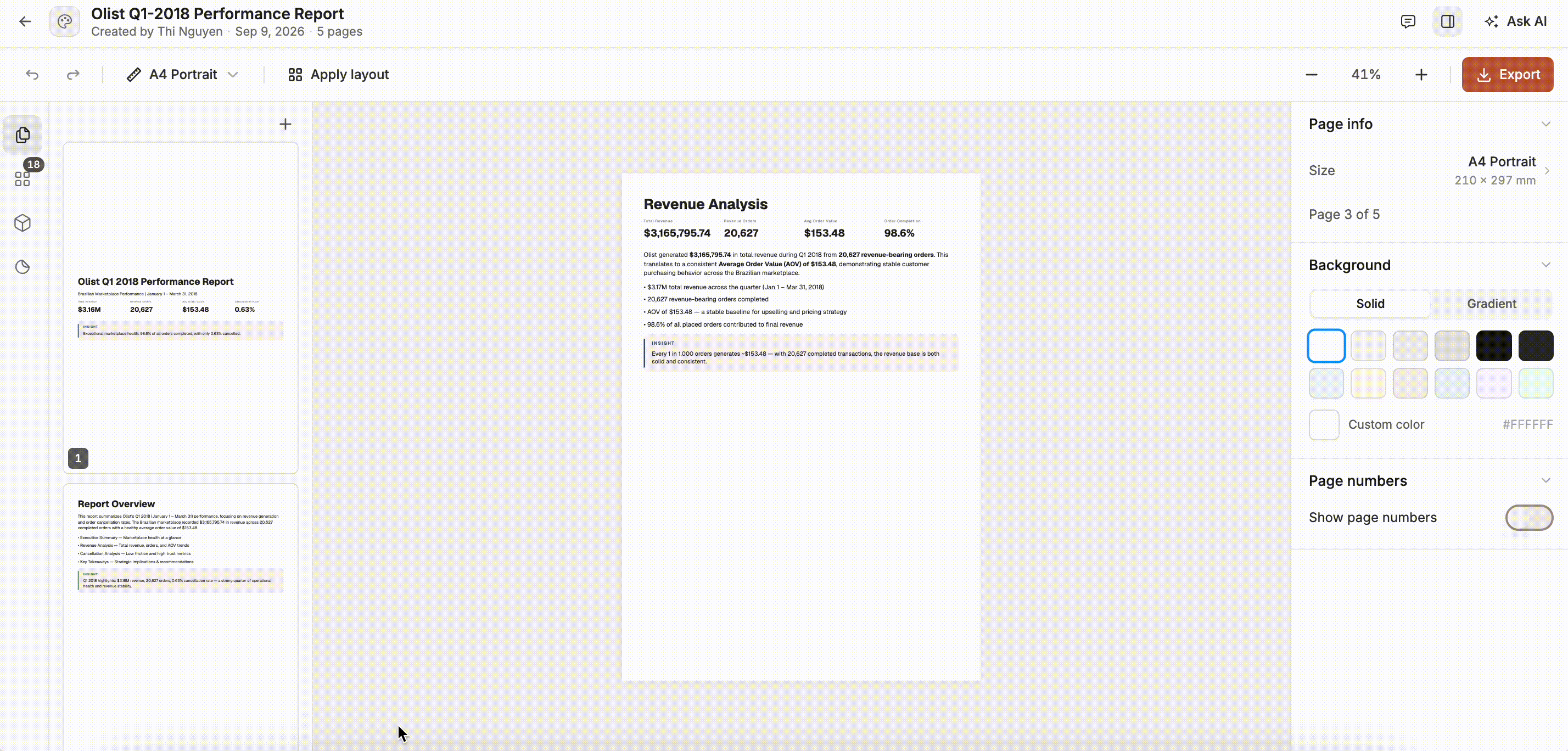 Building a Design Canvas report with components and content blocks