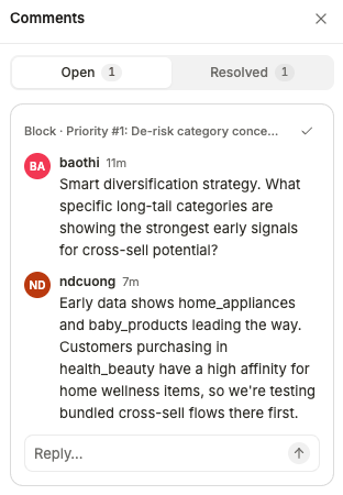 Collapsed comments panel showing the thread for a report block