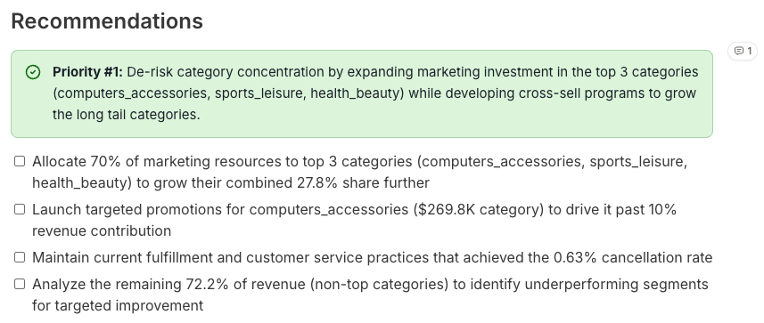 Comment bubble anchored to a recommendation block inside the report