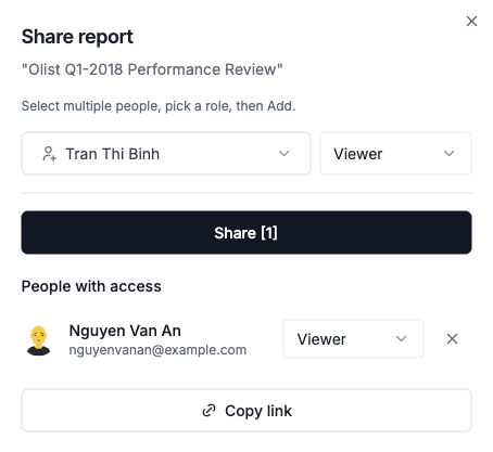 Share report dialog with people, roles, and copy link